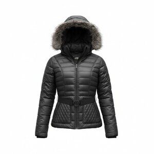 The North Face Parkina Belted Puffer Jacket Black 600 Faux Fur Hood Womens L